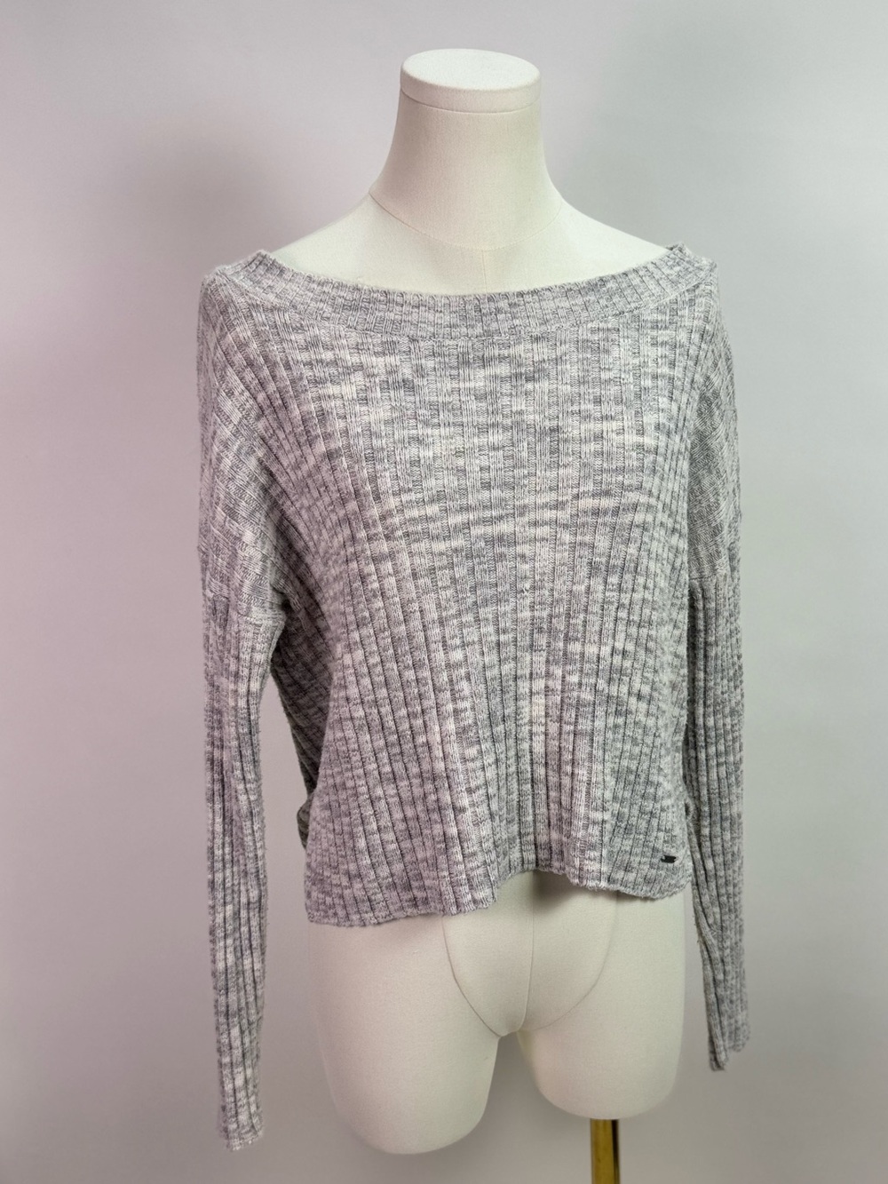 Hollister Y2K Grey Marbled Ribbed Cotton Knit Cropped Sweater Oversized XS
